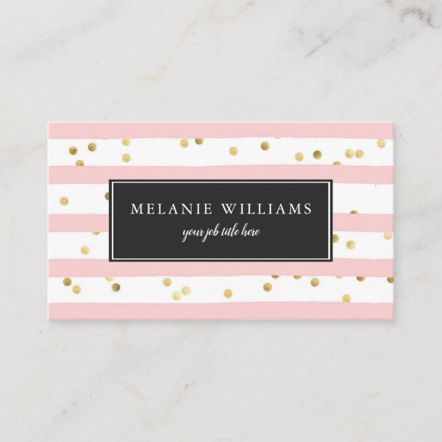 Pink White Stripes Gold Polka Dots Business Card (Front)