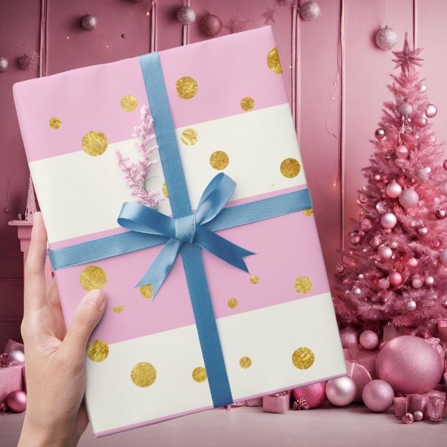 Pink White Stripes Gold Polka Dots Wrapping Paper (Creator Uploaded)