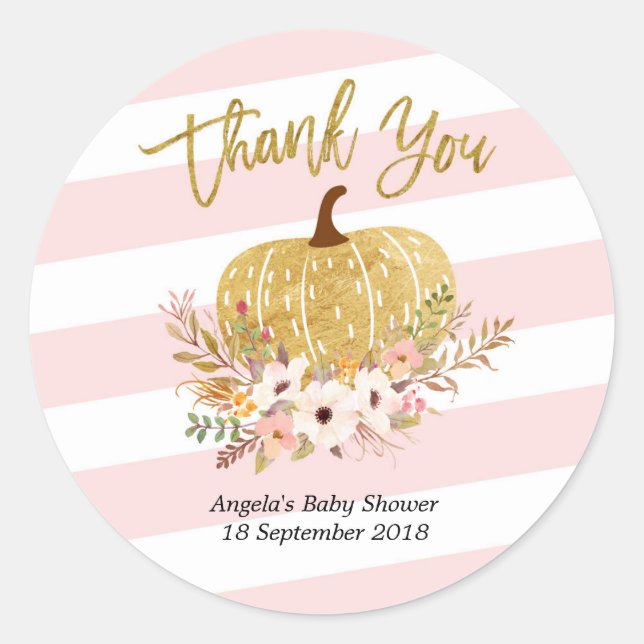 Pink White Stripes Gold Pumpkin Thank You Sticker (Front)