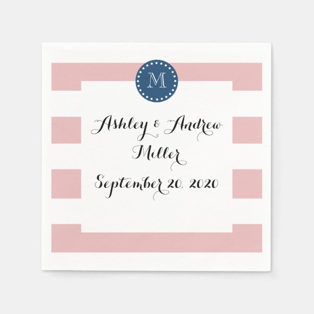 Pink White Stripes Pattern, Navy Blue Monogram Napkin (Front)