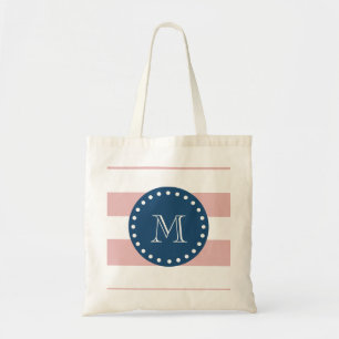 Pink White Stripes Pattern, Navy Blue Monogram Tote Bag