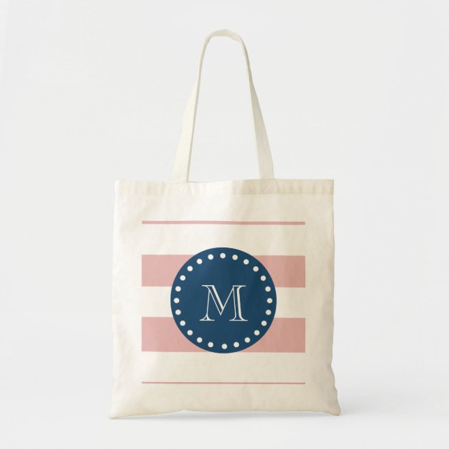 Pink White Stripes Pattern, Navy Blue Monogram Tote Bag (Front)