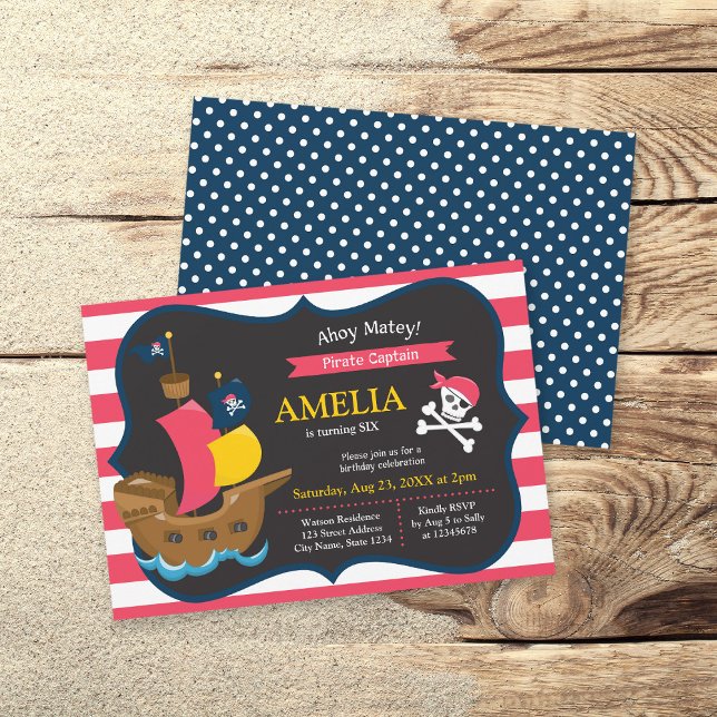 Pink White Stripes Pirate Ship Birthday Invitation (Creator Uploaded)