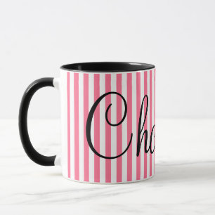 Pink White Stripes with Custom Name Mug