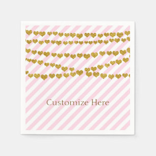 Pink & White Stripes with Gold Hearts Party Napkin