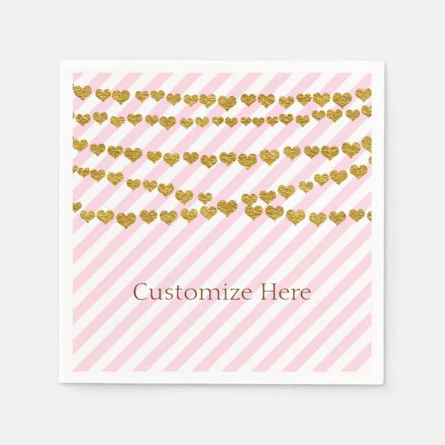 Pink & White Stripes with Gold Hearts Party Napkin (Front)
