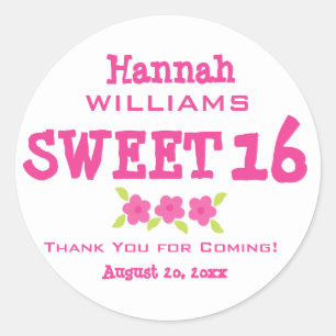 Pink & White Sweet 16 Thank You Personalised Classic Round Sticker