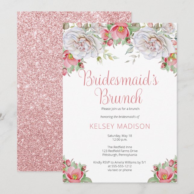 Pink White Sweet Floral Blooms Bridesmaid's Brunch Invitation (Front/Back)