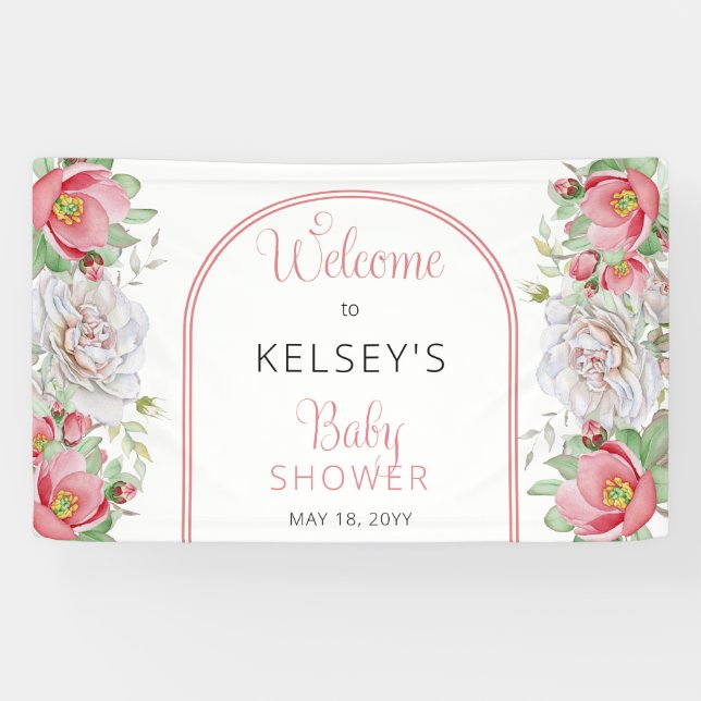 Pink | White Sweet Floral Blooms Girl Baby Shower Banner (Horizontal)