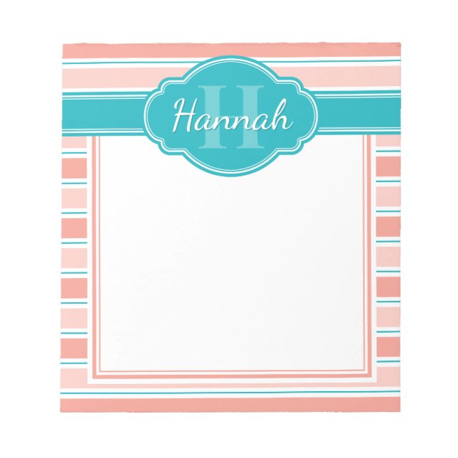 Pink White Teal Stripe Pattern Monogram Notepad (Front)