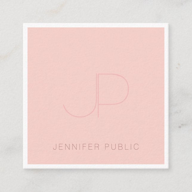 Pink White Template Professional Elegant Monogram Square Business Card (Front)
