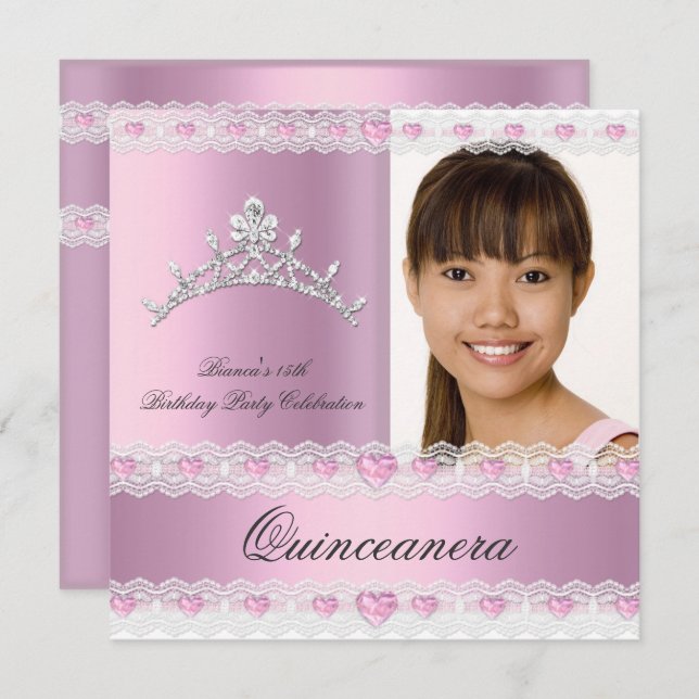 Pink White Tiara Quinceanera 15 Birthday Party Invitation (Front/Back)