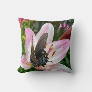 Pink White Tiger Lilly Flower Blue Butterfly Name Cushion