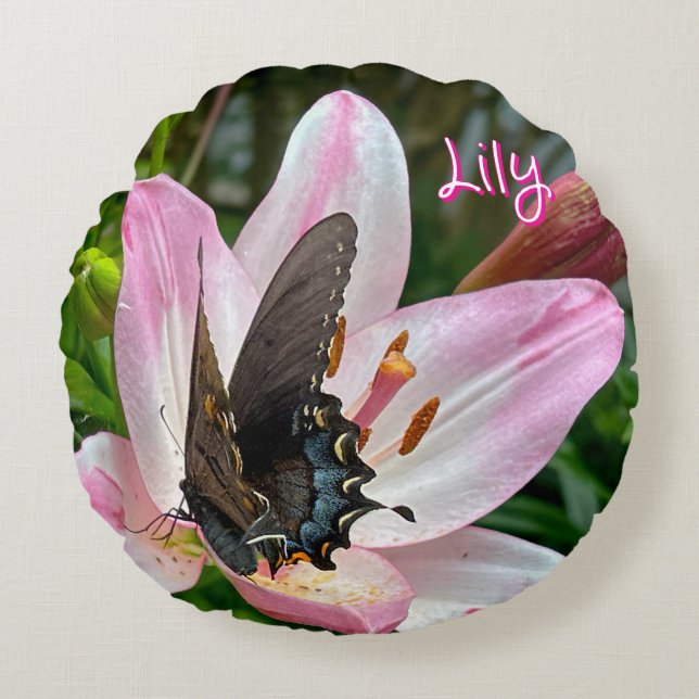 Pink White Tiger Lilly Flower Blue Butterfly Name Round Cushion (Front)