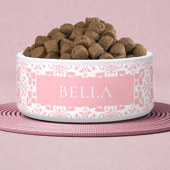 Pink White Tile Pattern Elegant Personalised Pet (Pink White Tile Pattern Elegant Personalized Pet Bowl)