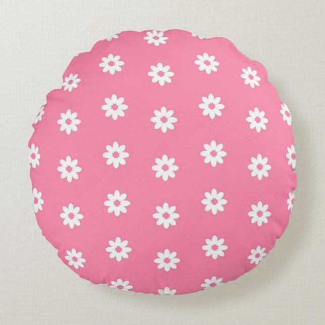 PINK WHITE TINY FLOWERS YELLOW PINK HEARTS ROUND CUSHION (Front)