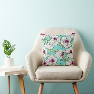 Pink & White Tropical Hibiscus Floral Pattern Cushion