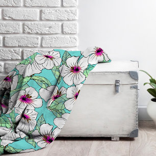 Pink & White Tropical Hibiscus Floral Pattern Fleece Blanket