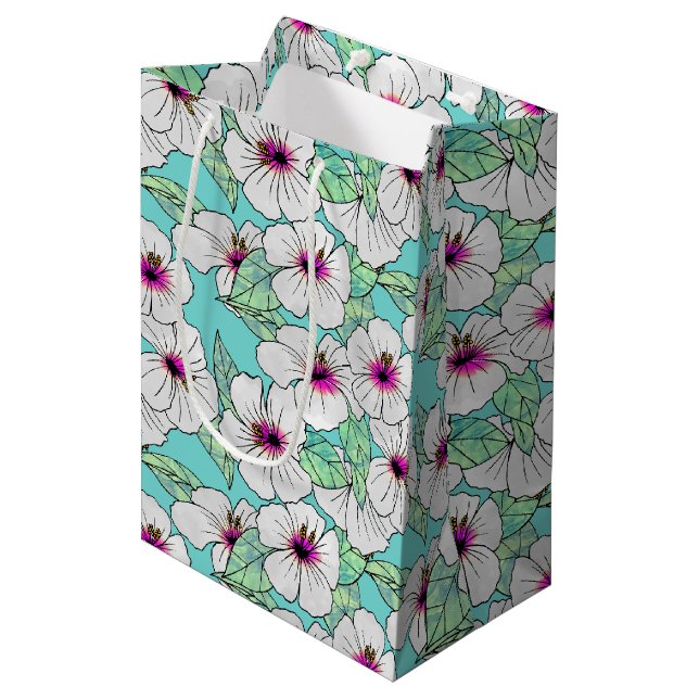 Pink & White Tropical Hibiscus Floral Pattern Medium Gift Bag (Front Angled)