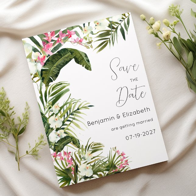 Pink white tropical orchid flowers Save the Date Invitation (Pink white tropical orchid flowers Save the Date)
