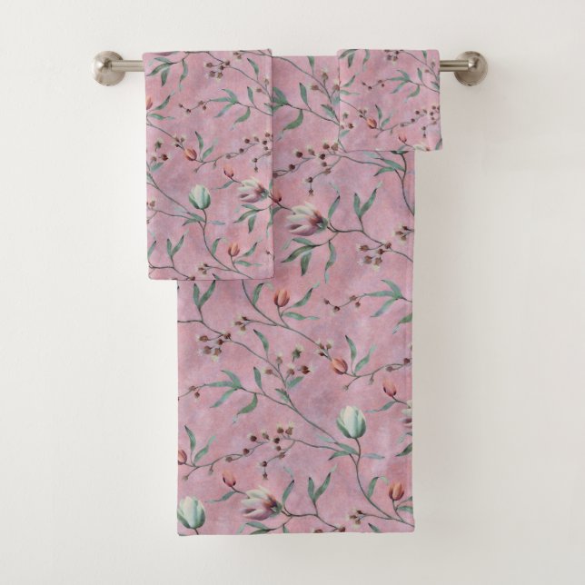 Pink & White Tulips Anemones Pattern Bath Towel Set (Insitu)