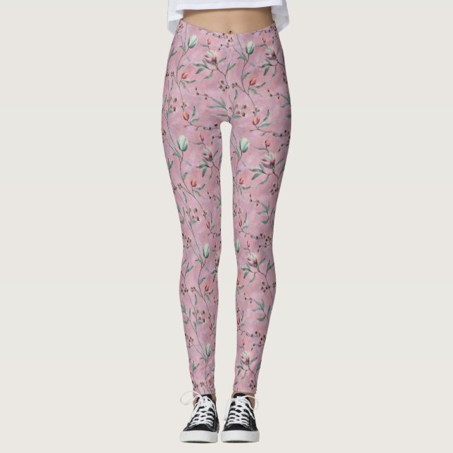 Pink & White Tulips Anemones Pattern Leggings (Front)