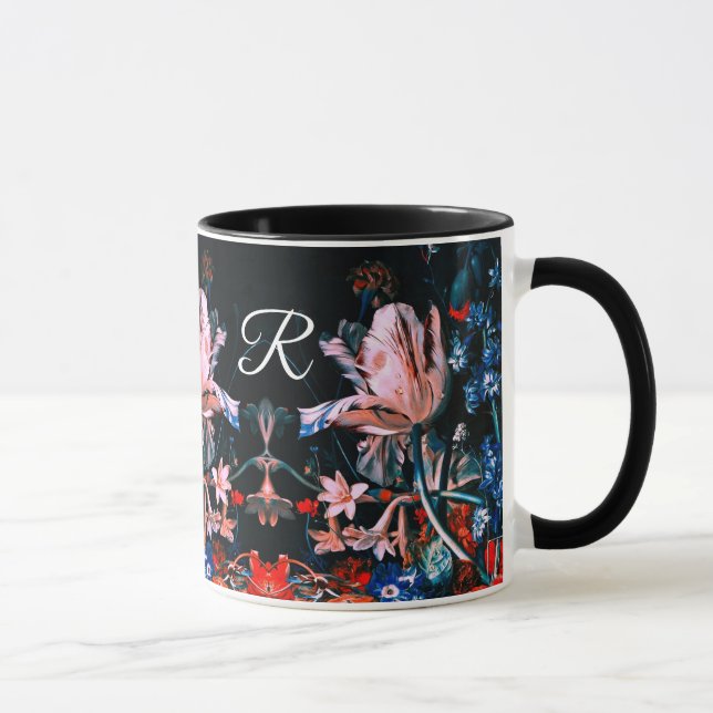 PINK WHITE TULIPS,FLOWERS IN BLACK Floral Monogram Mug (Right)