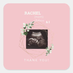 Pink White Ultrasound Photo Thank You Baby Shower Square Sticker