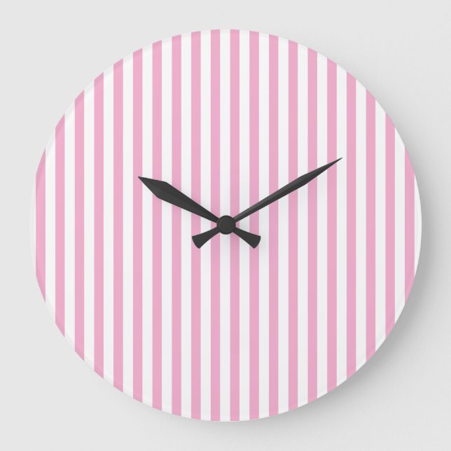 Pink White Vertical Stripe Pattern Design Large Clock (Front)
