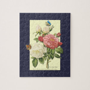 Pink White Vintage Botanical Roses Jigsaw Puzzle