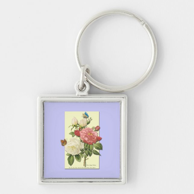 Pink White Vintage Botanical Roses Key Ring (Front)