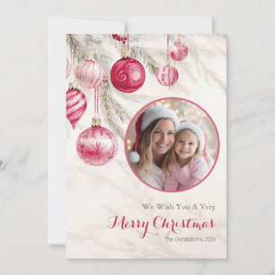 Pink White Vintage Ornaments Photo Christmas Card