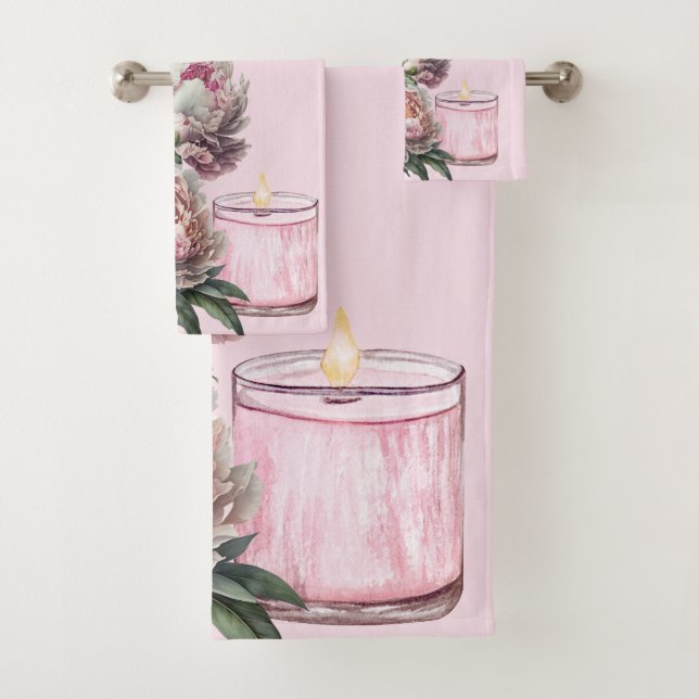 Pink & White Vintage Peonies on Pink Towel Set (Insitu)