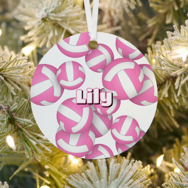 pink white volleyballs w athlete name keepsake metal tree decoration (Insitu)