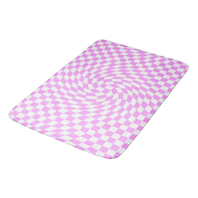 Pink & White Warped Chequered Chequered Pattern   Bath Mat (Angled)