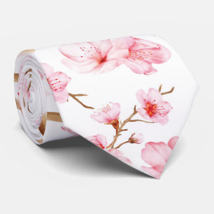 Pink White Watercolor Cherry Blossoms Tie