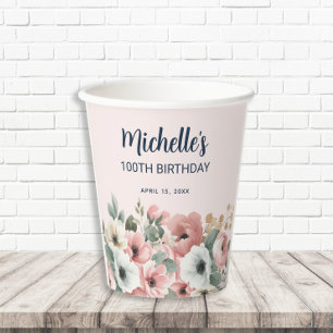  Pink White Watercolor Floral 100th Birthday  Paper Cups