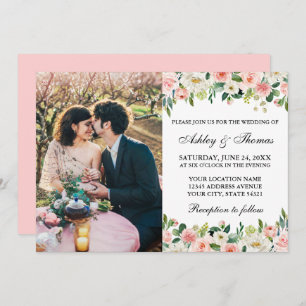 Pink White Watercolor Floral Photo Wedding Invitation