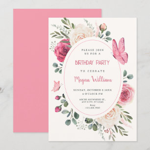 Pink white Watercolor Floral Roses birthday Invitation
