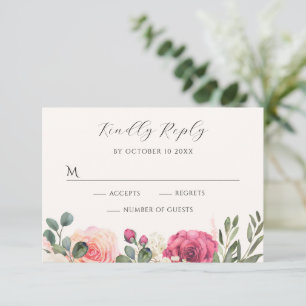 Pink white Watercolor Floral Roses RSVP Card