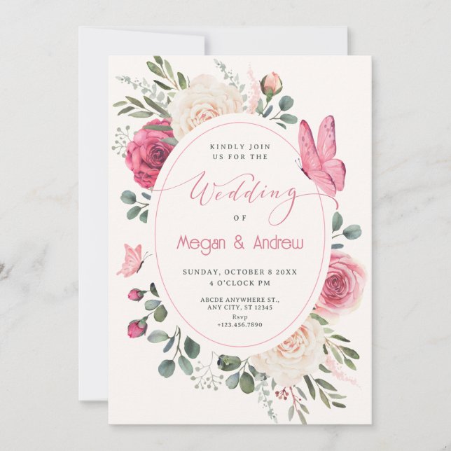 Pink white Watercolor Floral Roses wedding Invitation (Front)