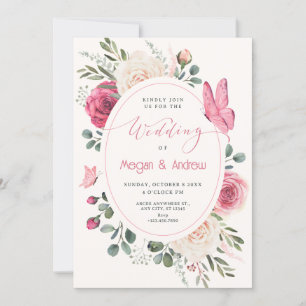 Pink white Watercolor Floral Roses wedding Invitation