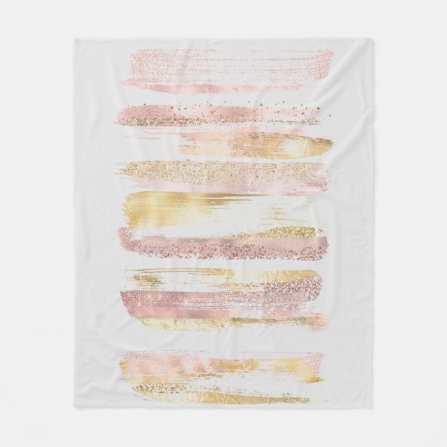 Pink White Watercolor Glitter Foil Paint Strokes Fleece Blanket (Front)