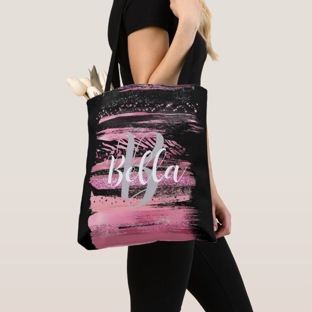 Pink White Watercolor Glitter Foil Paint Strokes Tote Bag (Close Up)