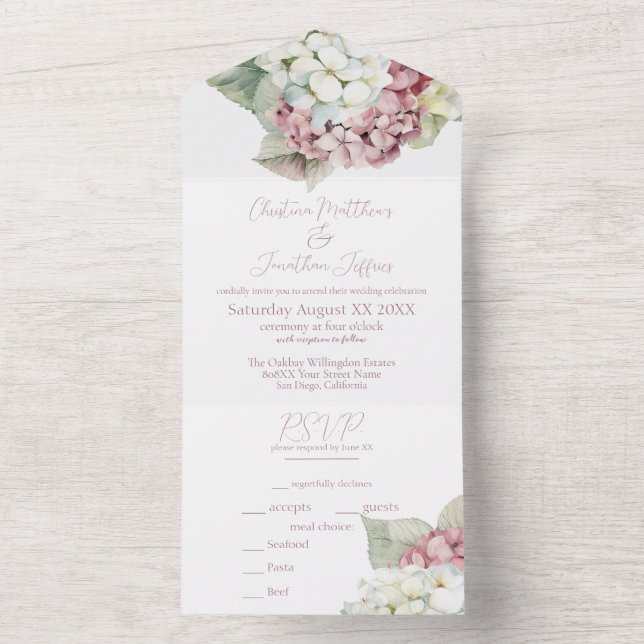 Pink & White Watercolor Hydrangea Flowers All In One Invitation (Inside)