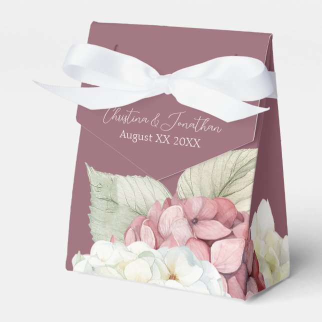 Pink & White Watercolor Hydrangea Flowers on Blush Favour Box (Front Side)