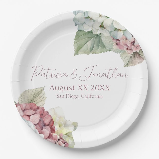 Pink & White Watercolor Hydrangea Flowers Paper Plate (Front)