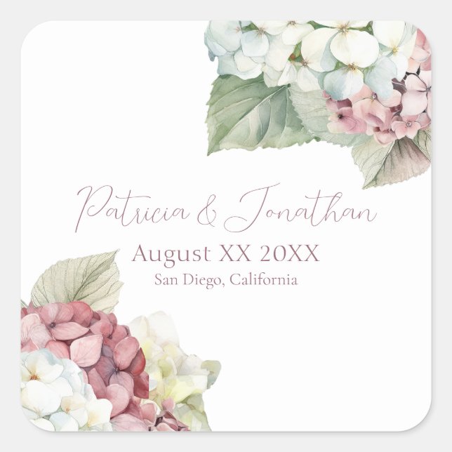 Pink & White Watercolor Hydrangea Flowers Square Sticker (Front)