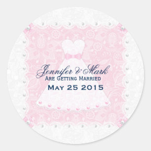 Pink & White Wedding Dress & Vintage Floral Lace Classic Round Sticker