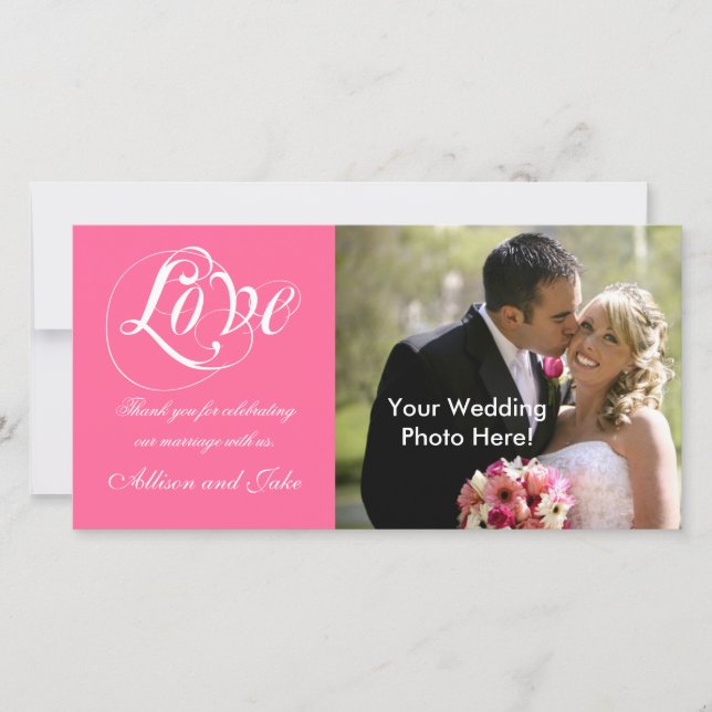 Pink White Wedding Thank You Photo Card Template (Front)